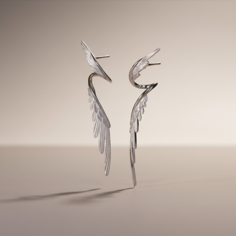 S925 Sterling Silver Zircon Elegant Wings Feather Stud Earring Ear Cuff
