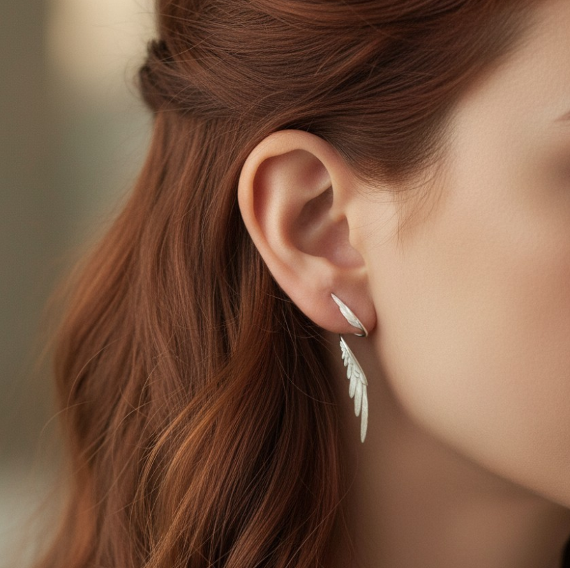 S925 Sterling Silver Zircon Elegant Wings Feather Stud Earring Ear Cuff