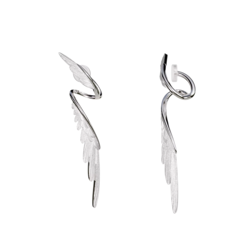 S925 Sterling Silver Zircon Elegant Wings Feather Stud Earring Ear Cuff
