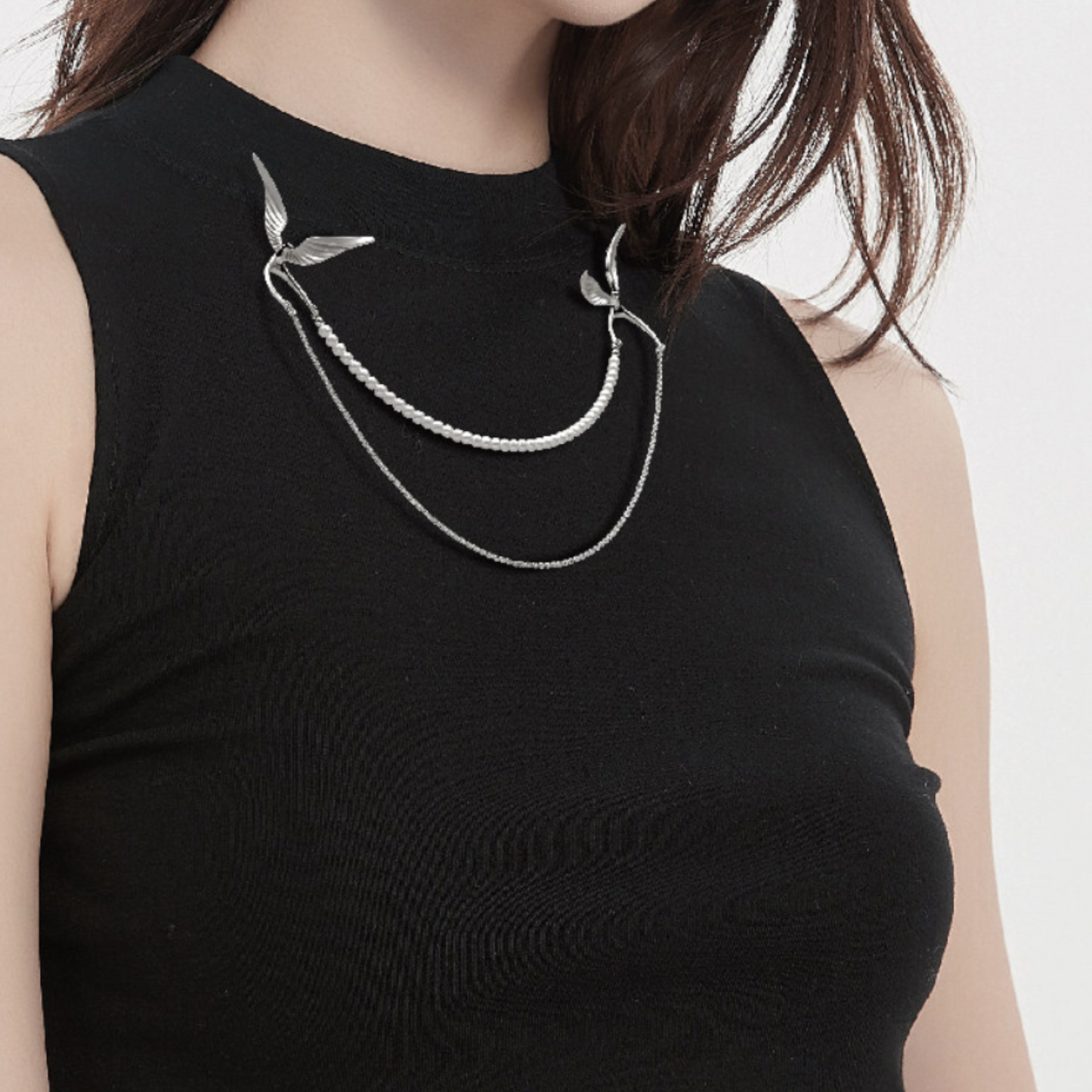 S925 Sterling Silver Swallow Brooch Pin Chain Elegant Style