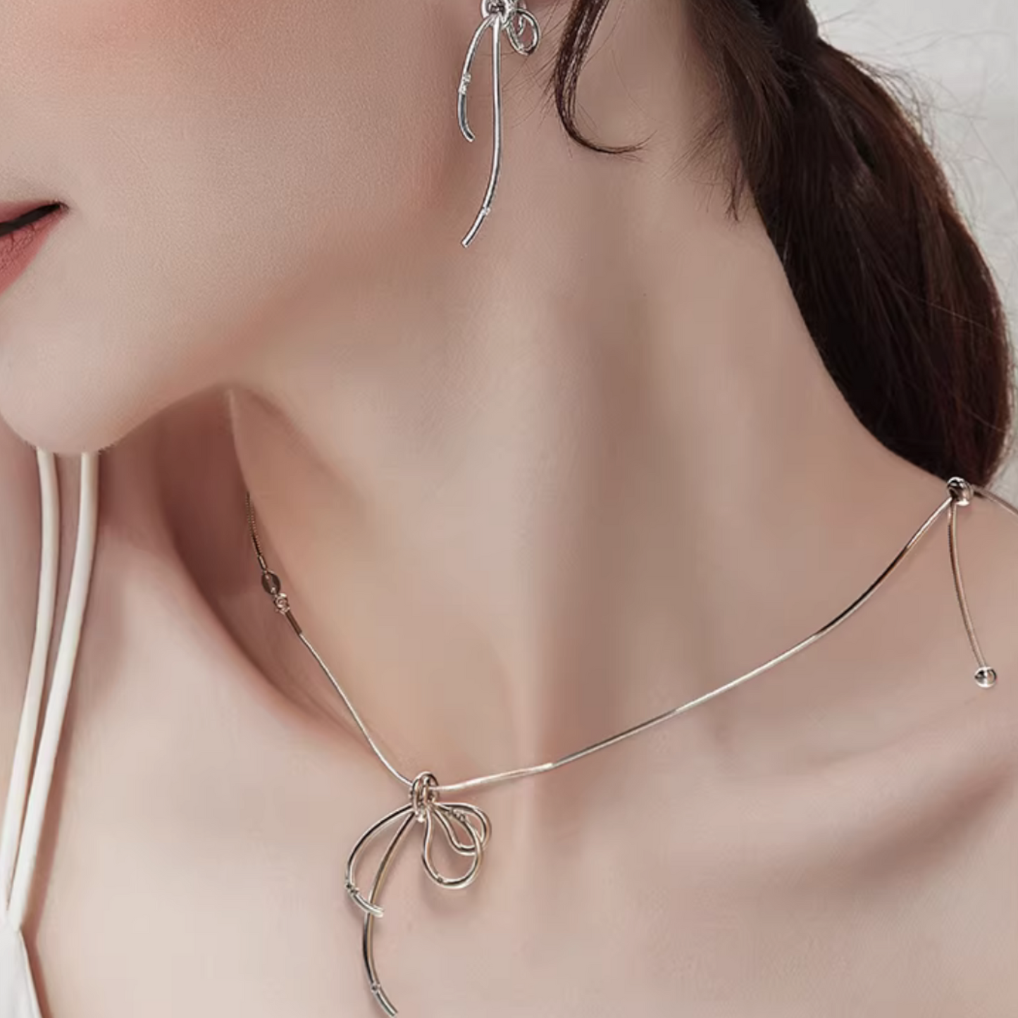 S925 Sterling Silver Elegant String Bow Tie Knot Adjustable Necklace