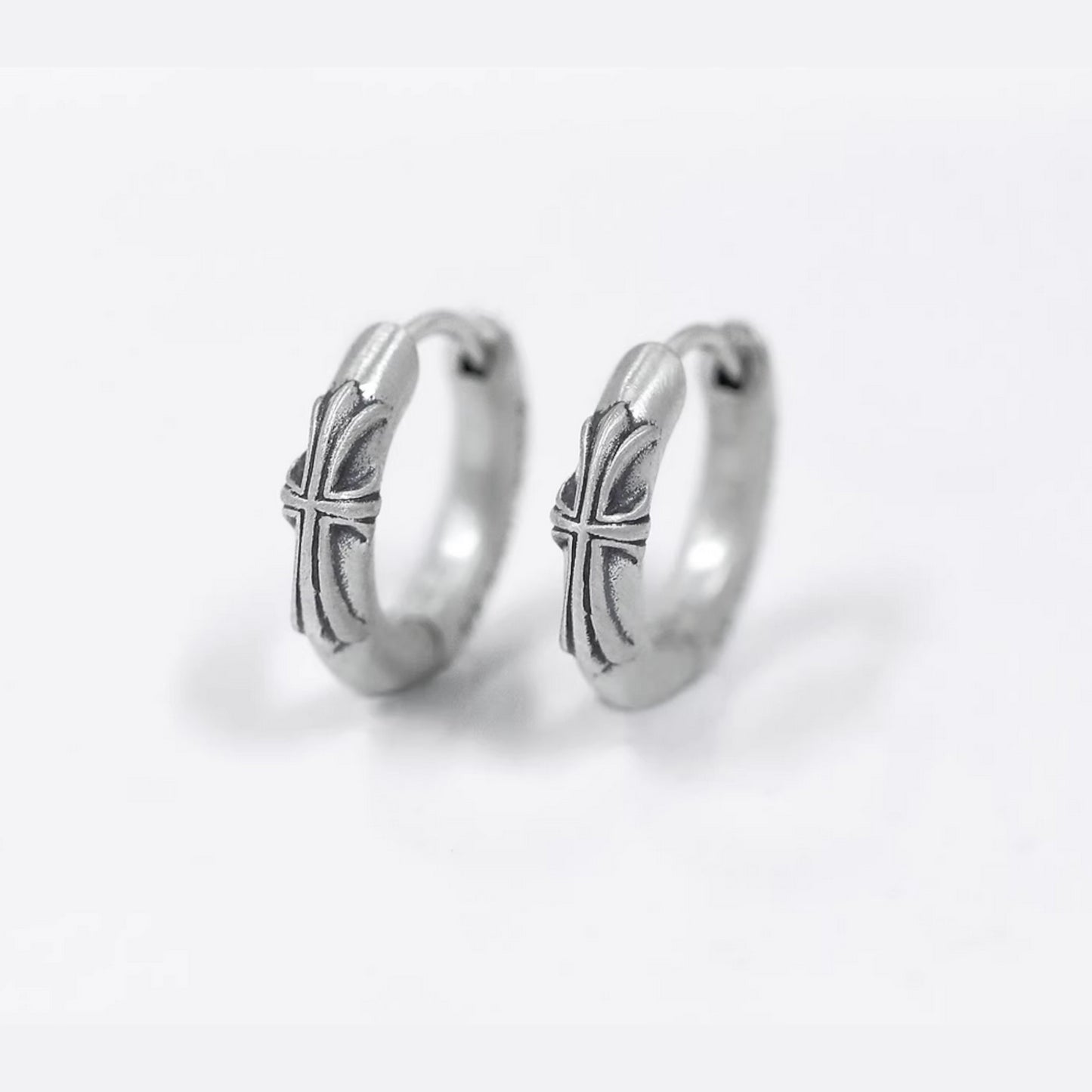 S925 Sterling Silver Solid Vintage Retro Cross Hoop Unisex Earring