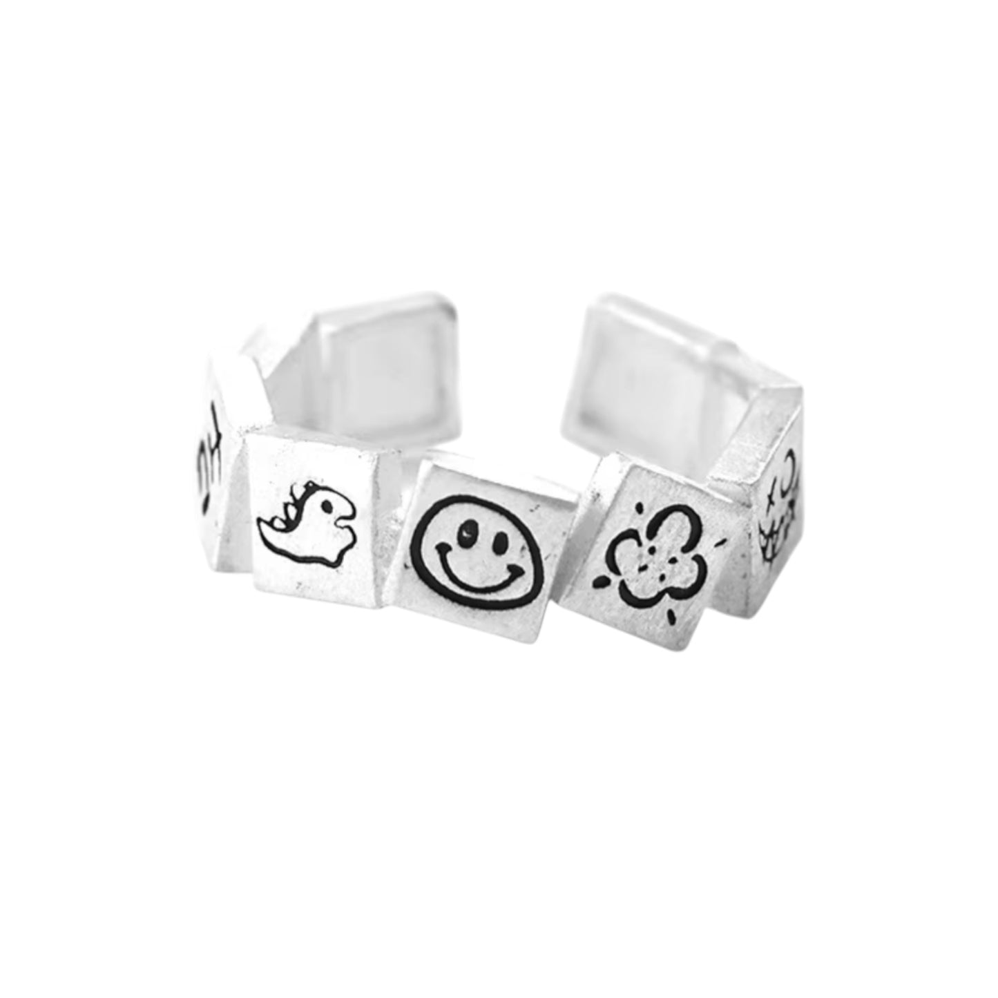 S999 Fine Silver Vintage Retro Graffiti Lucky Week Stacking Ring