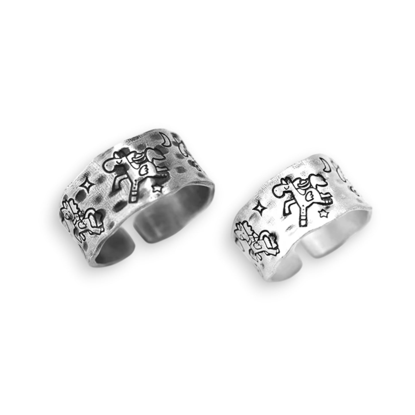 S999 Fine Silver Vintage Retro Graffiti Year of the Horse Fun Zodiac Band Ring Unisex