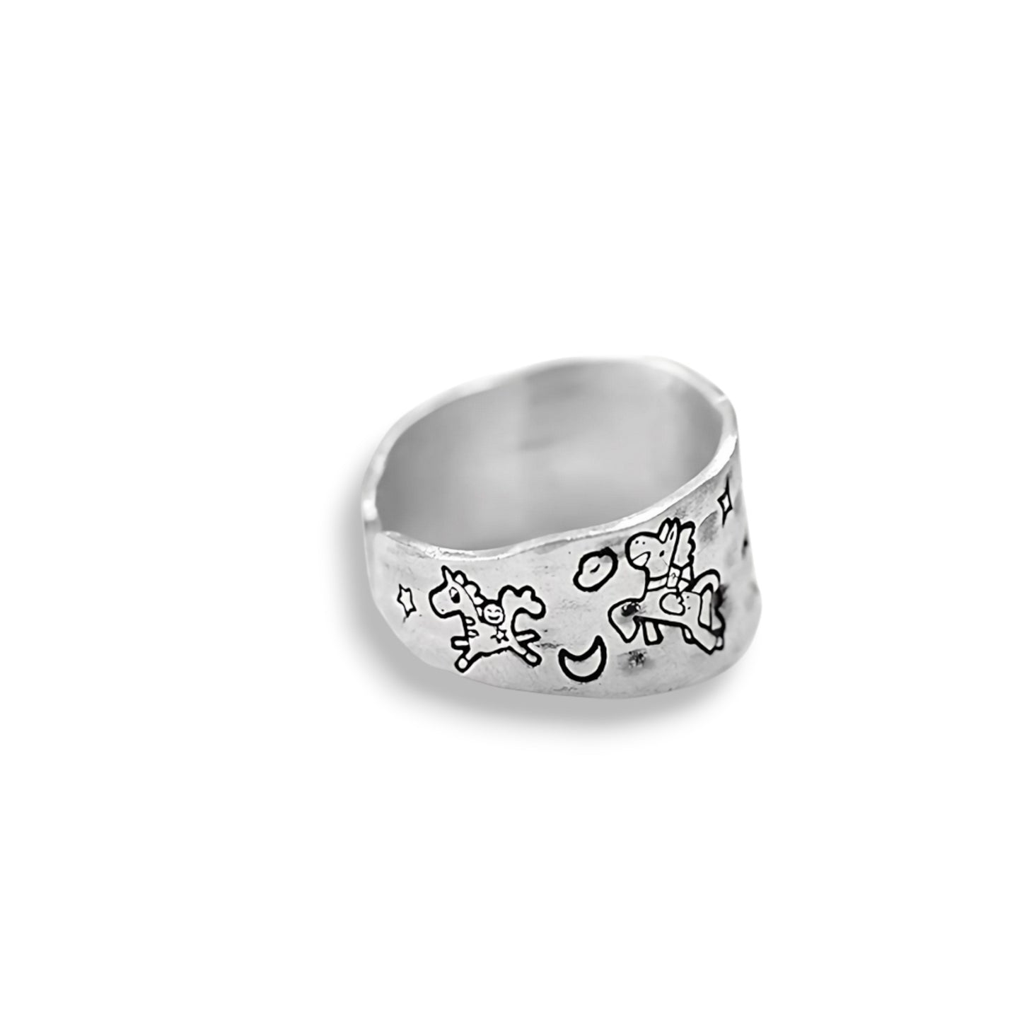 S999 Fine Silver Vintage Retro Graffiti Year of the Horse Fun Zodiac Band Ring Unisex