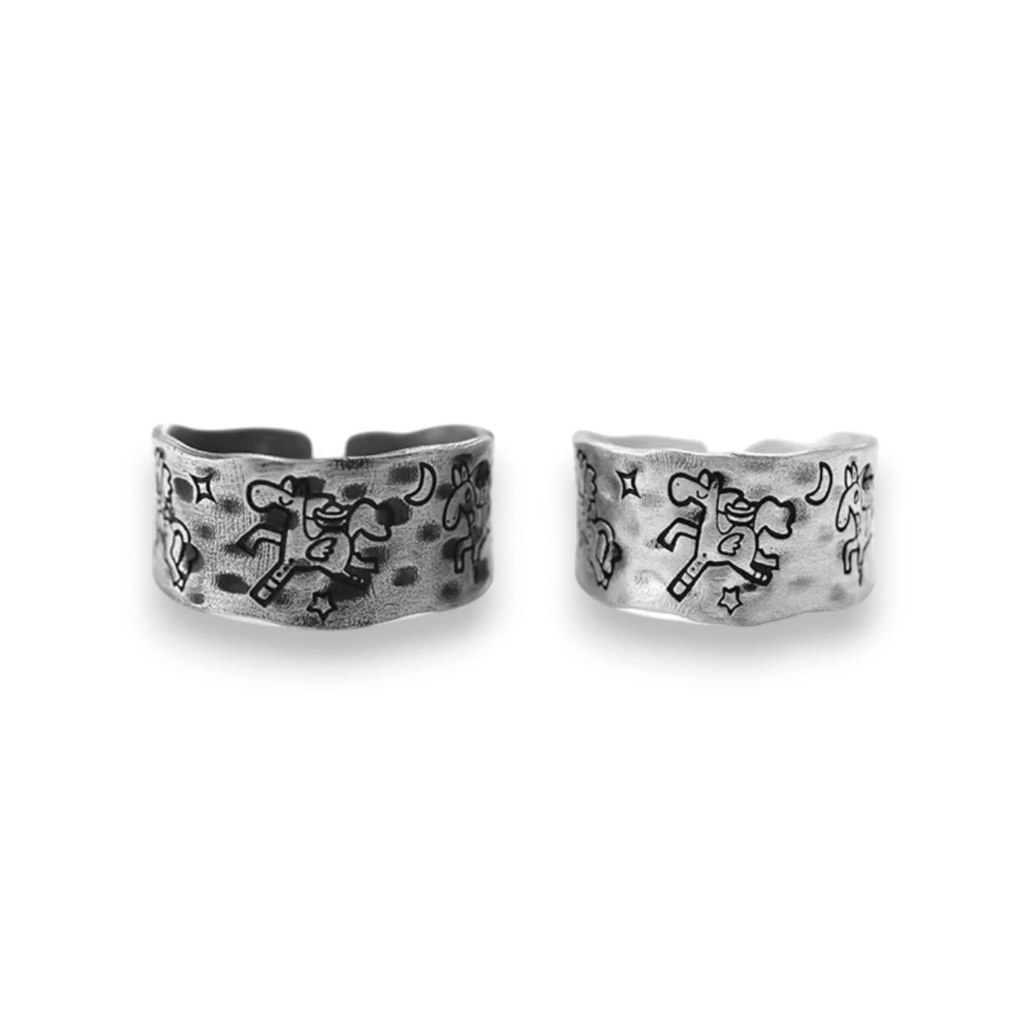 S999 Fine Silver Vintage Retro Graffiti Year of the Horse Fun Zodiac Band Ring Unisex