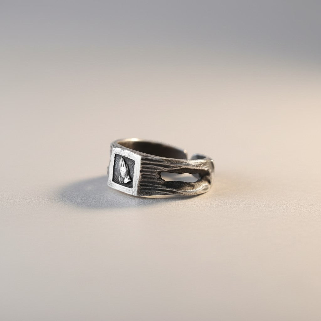 S999 Fine Silver Vintage Hands in Prayer Women Men Ring