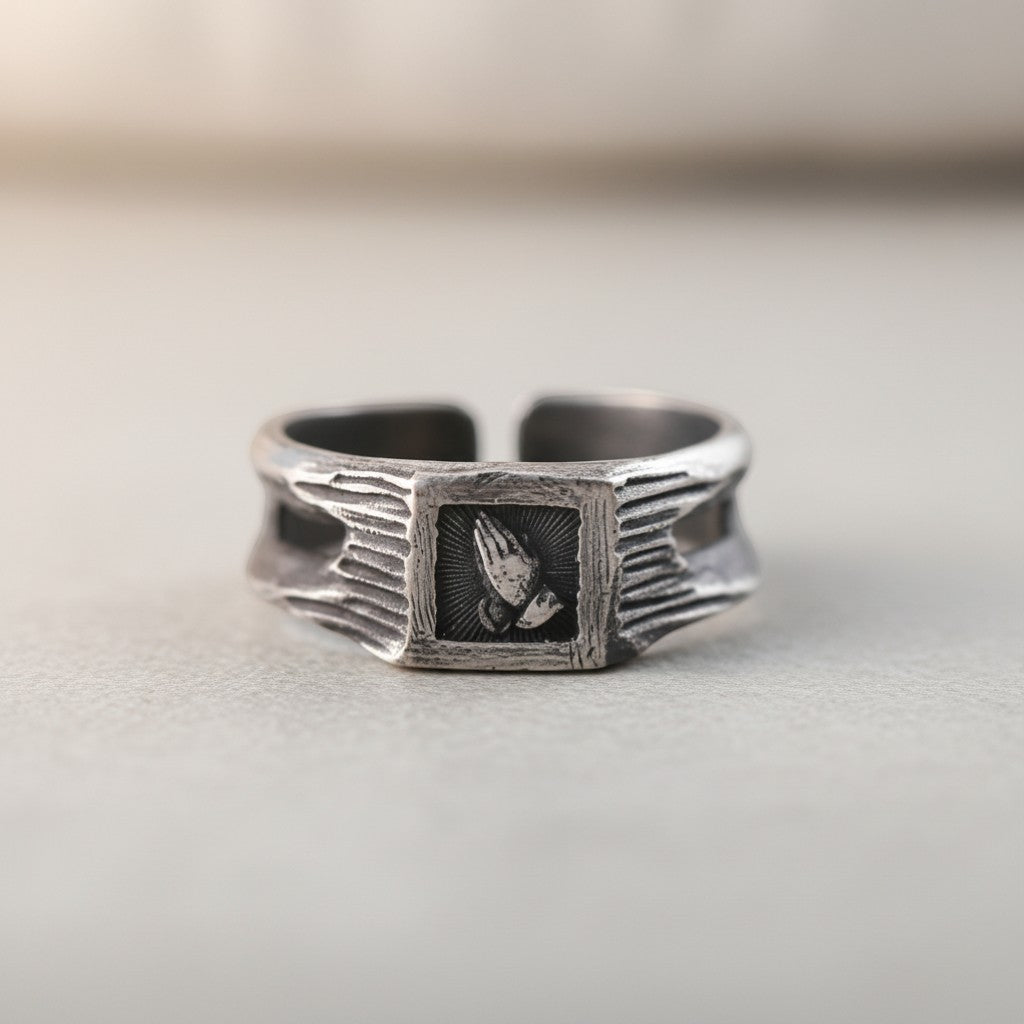 S999 Fine Silver Vintage Hands in Prayer Women Men Ring