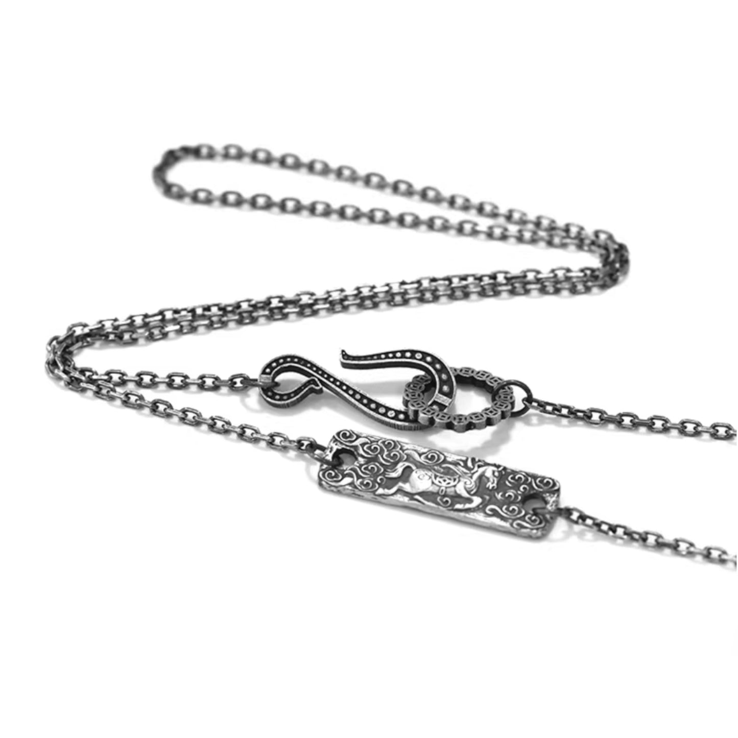 S999 Fine Silver Artistic Vintage Bring Wealth Horse Pendant Necklace