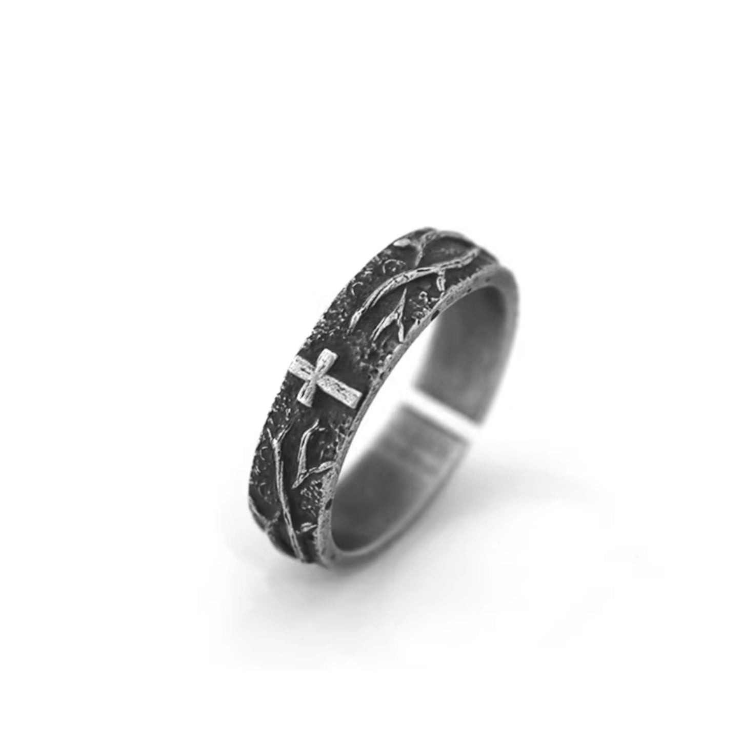 S999 Fine Silver Vintage Engrave Cross of Thorns Band Ring Unisex