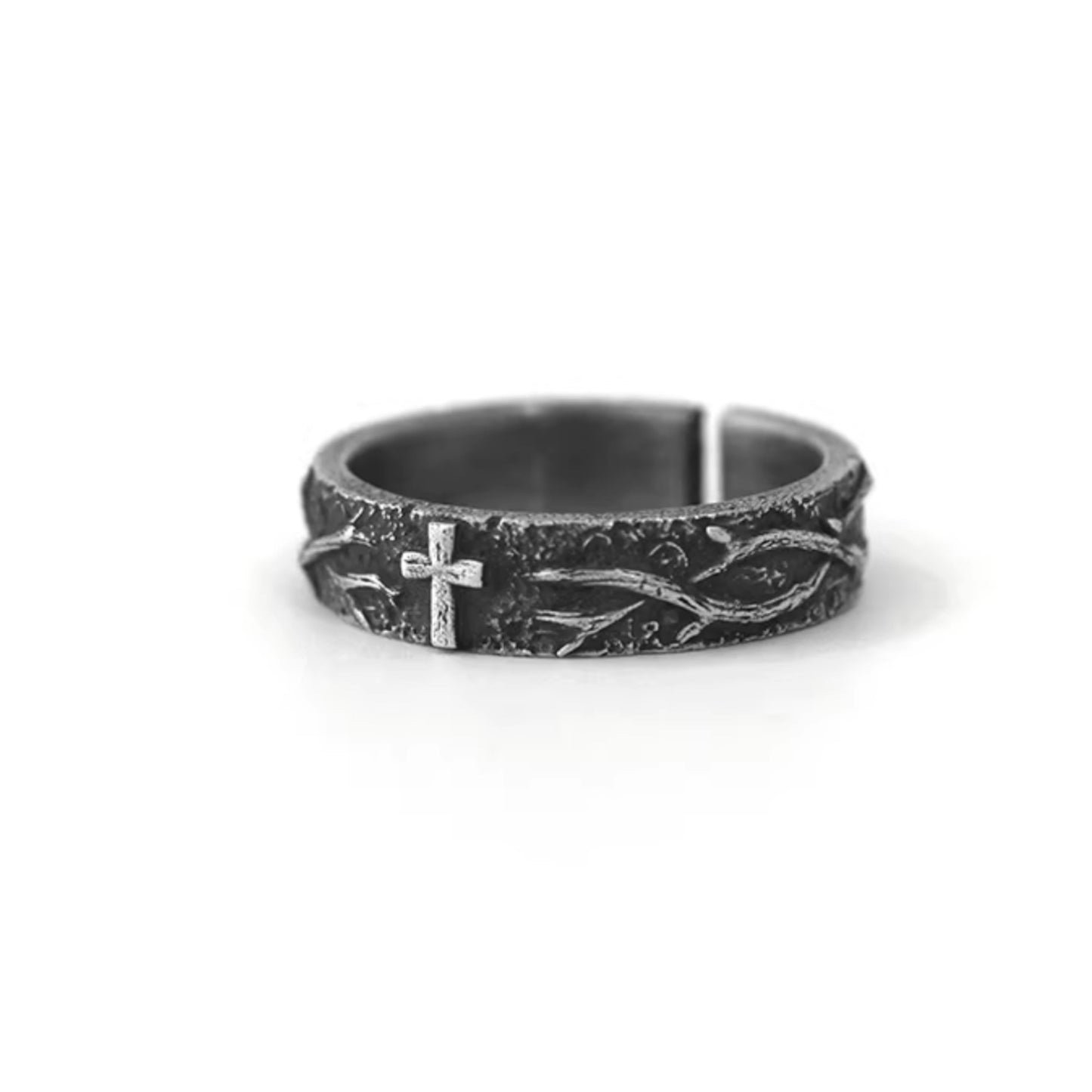 S999 Fine Silver Vintage Engrave Cross of Thorns Band Ring Unisex
