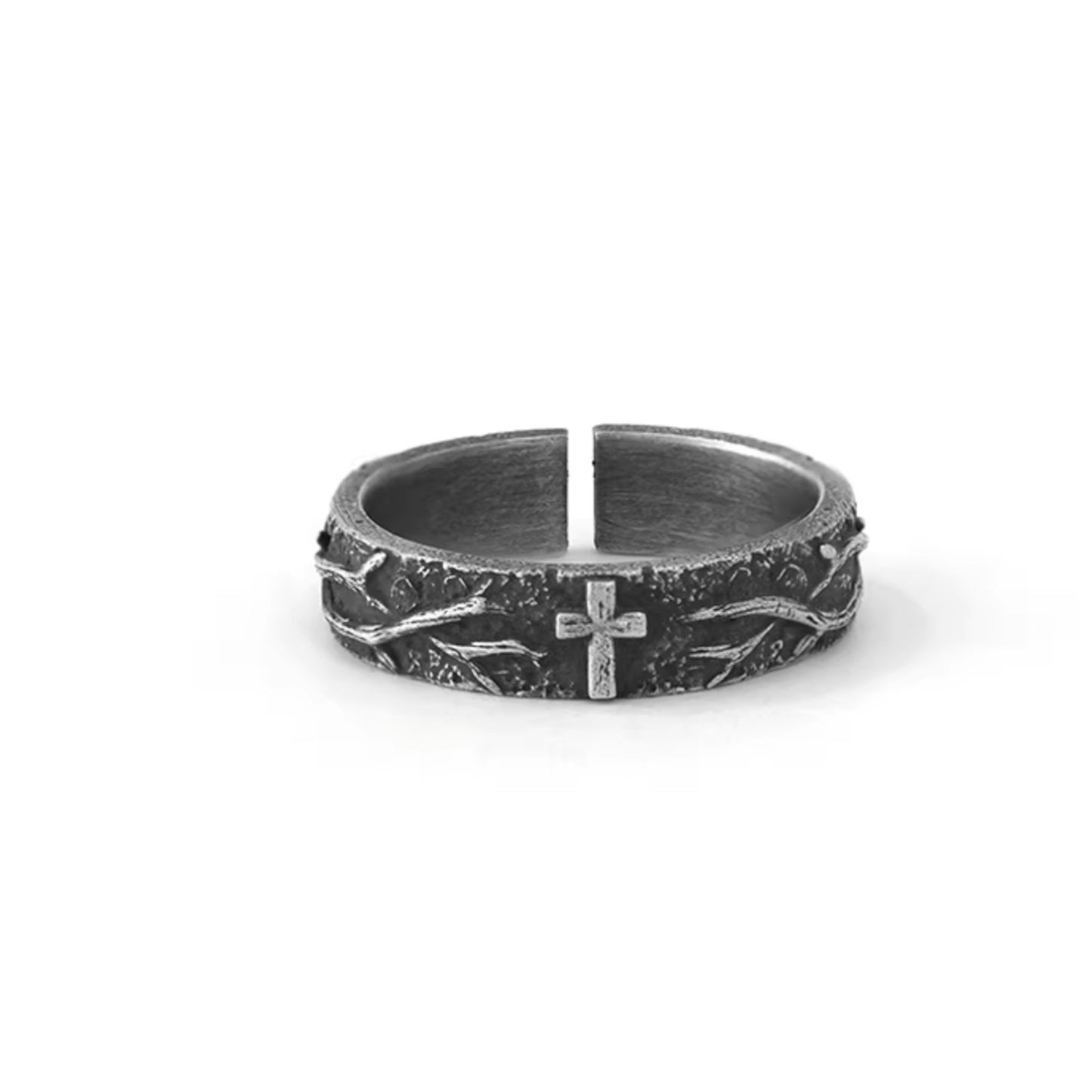 S999 Fine Silver Vintage Engrave Cross of Thorns Band Ring Unisex