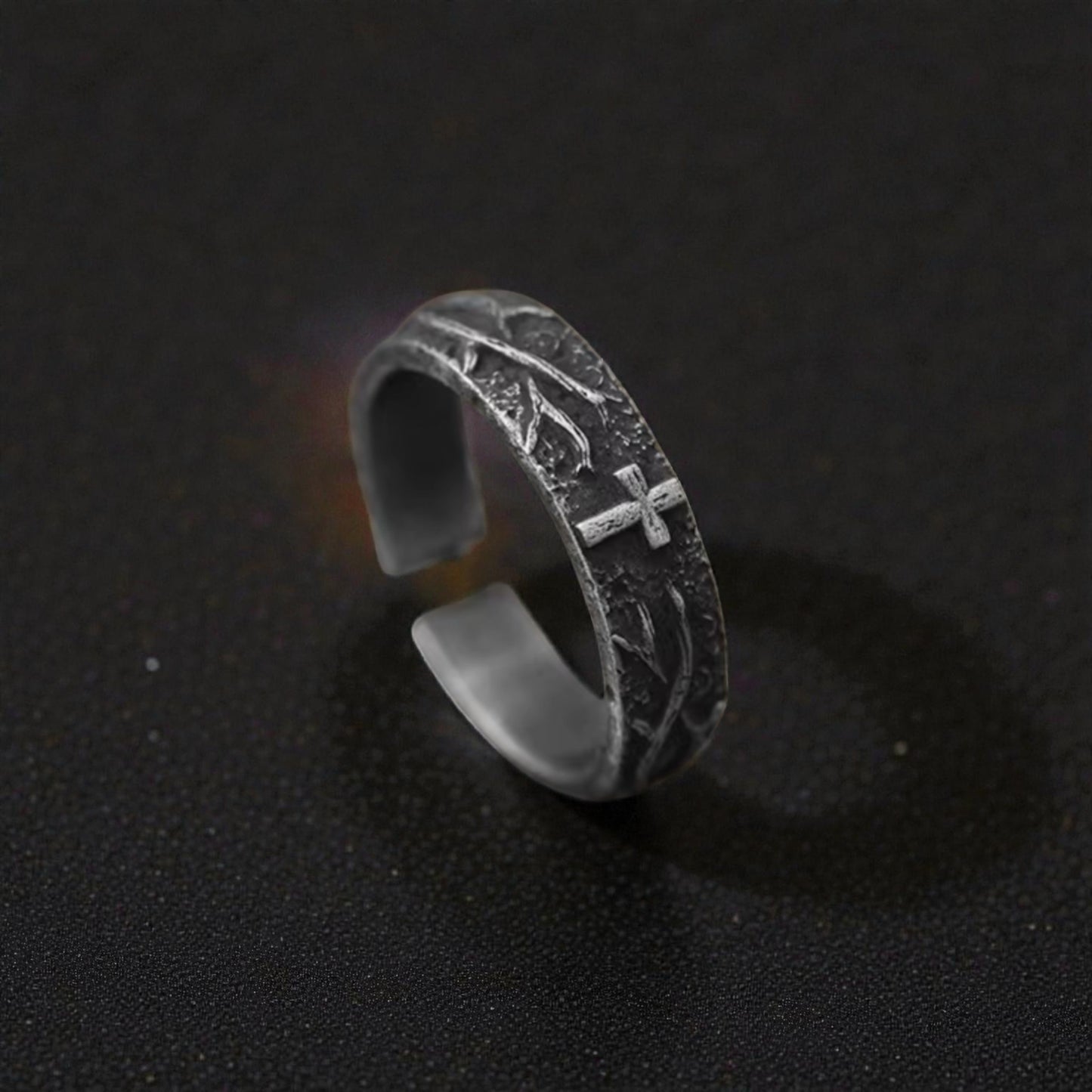 S999 Fine Silver Vintage Engrave Cross of Thorns Band Ring Unisex