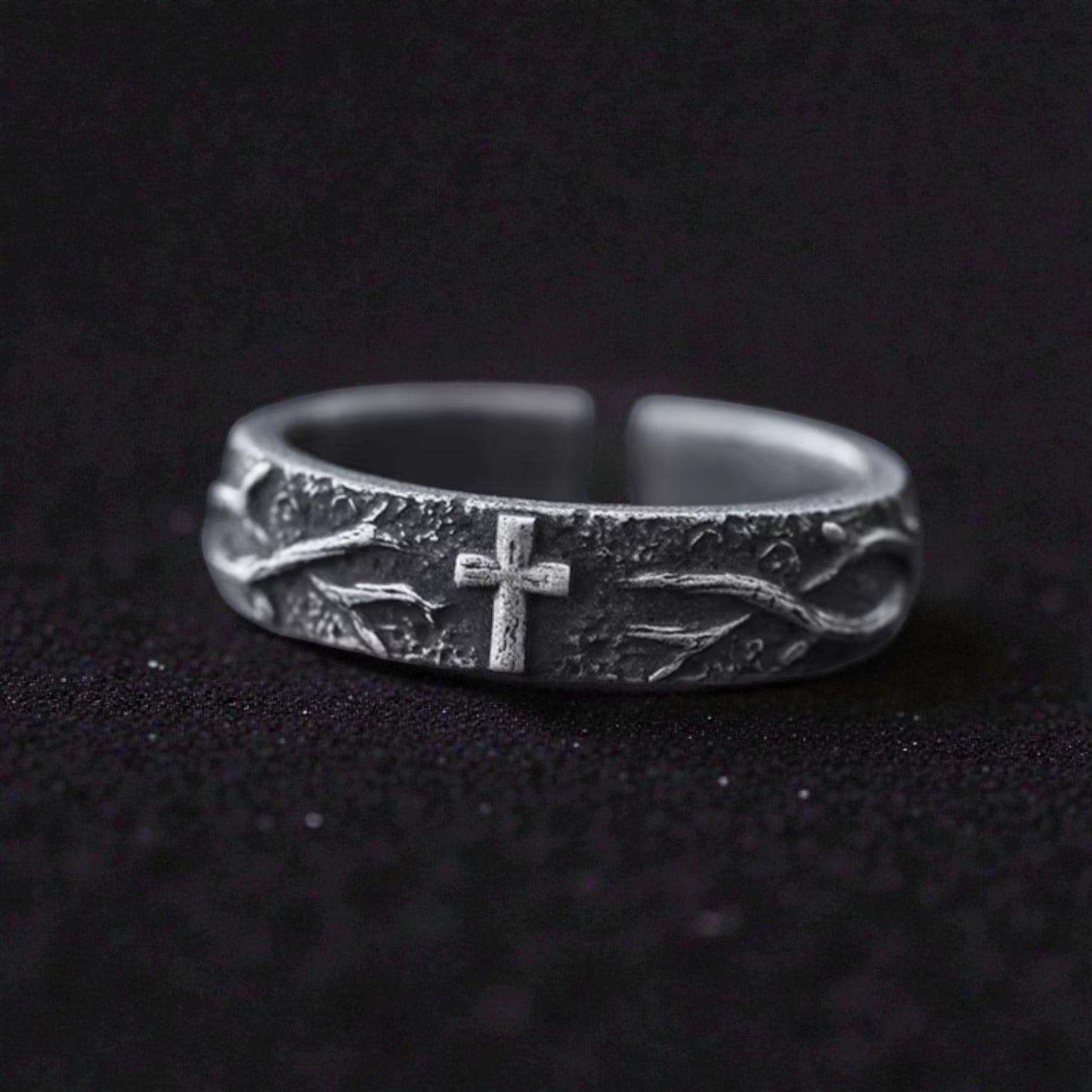 S999 Fine Silver Vintage Engrave Cross of Thorns Band Ring Unisex