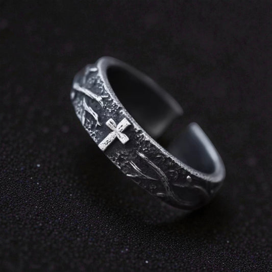 S999 Fine Silver Vintage Engrave Cross of Thorns Band Ring Unisex