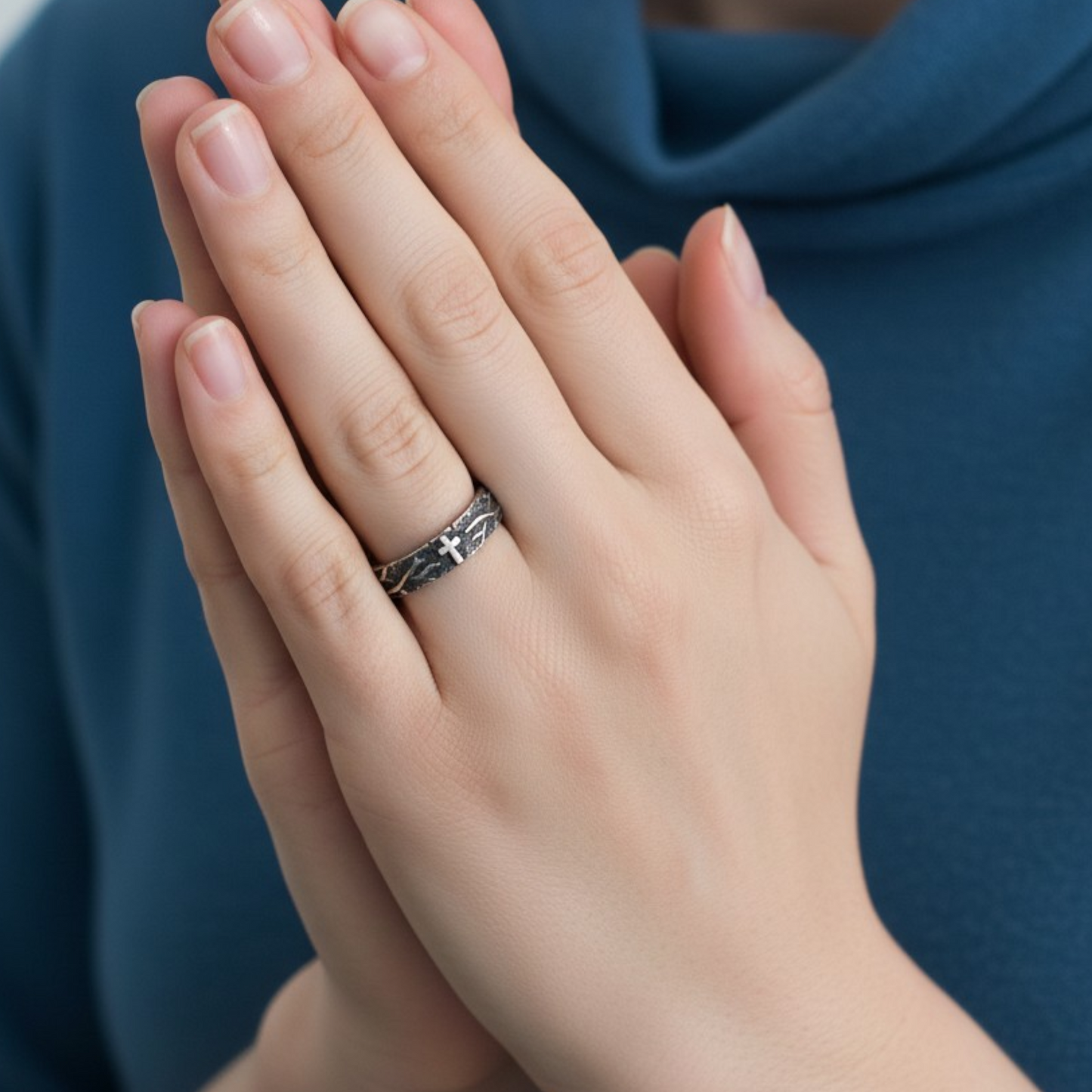 S999 Fine Silver Vintage Engrave Cross of Thorns Band Ring Unisex
