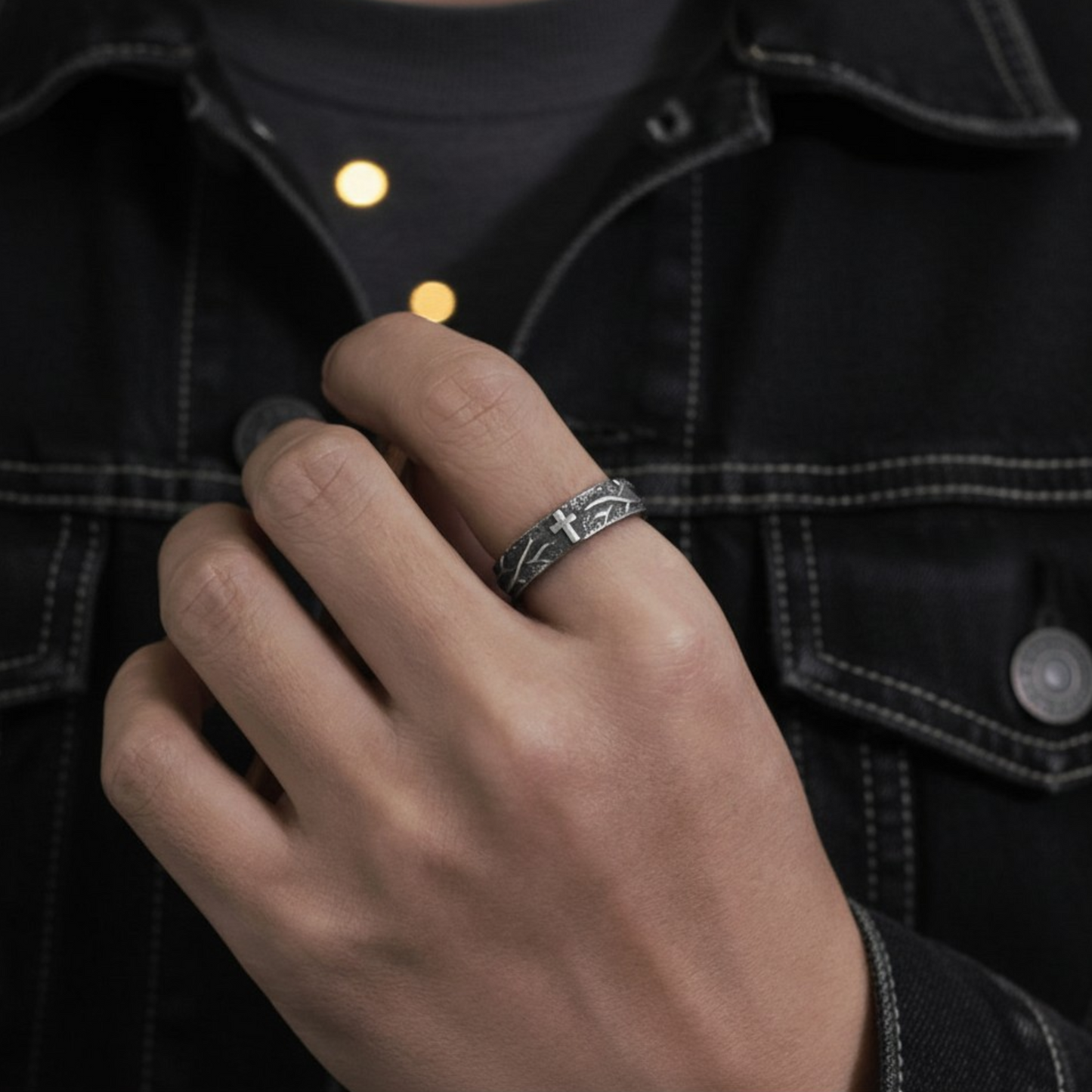 S999 Fine Silver Vintage Engrave Cross of Thorns Band Ring Unisex