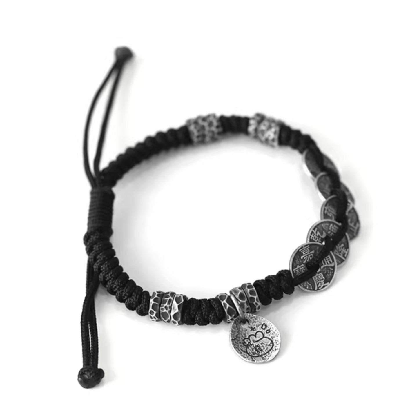 S999 Fine Silver Vintage Unisex Five Emperor Coins Braided Bracelet