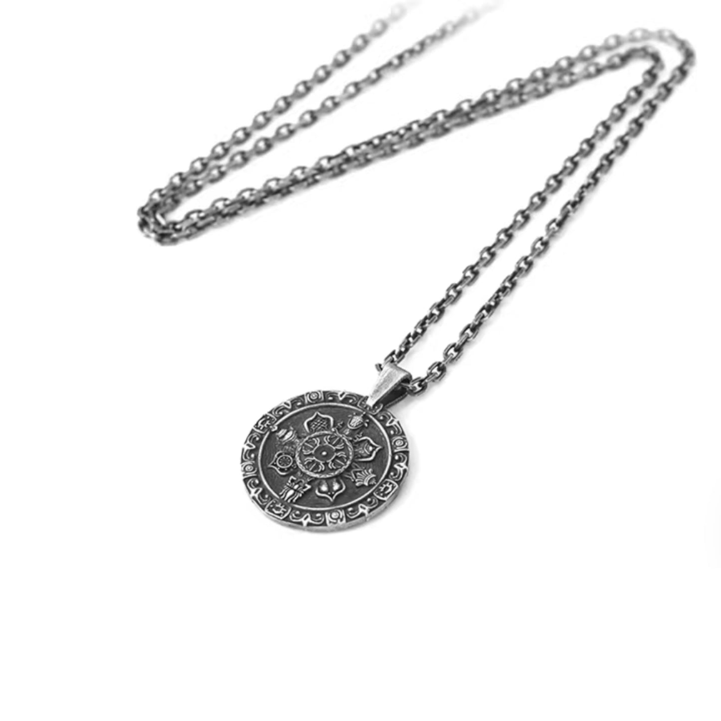 S999 Fine Silver Tibetan-style Eight Auspicious Symbols compass Pendant Necklace