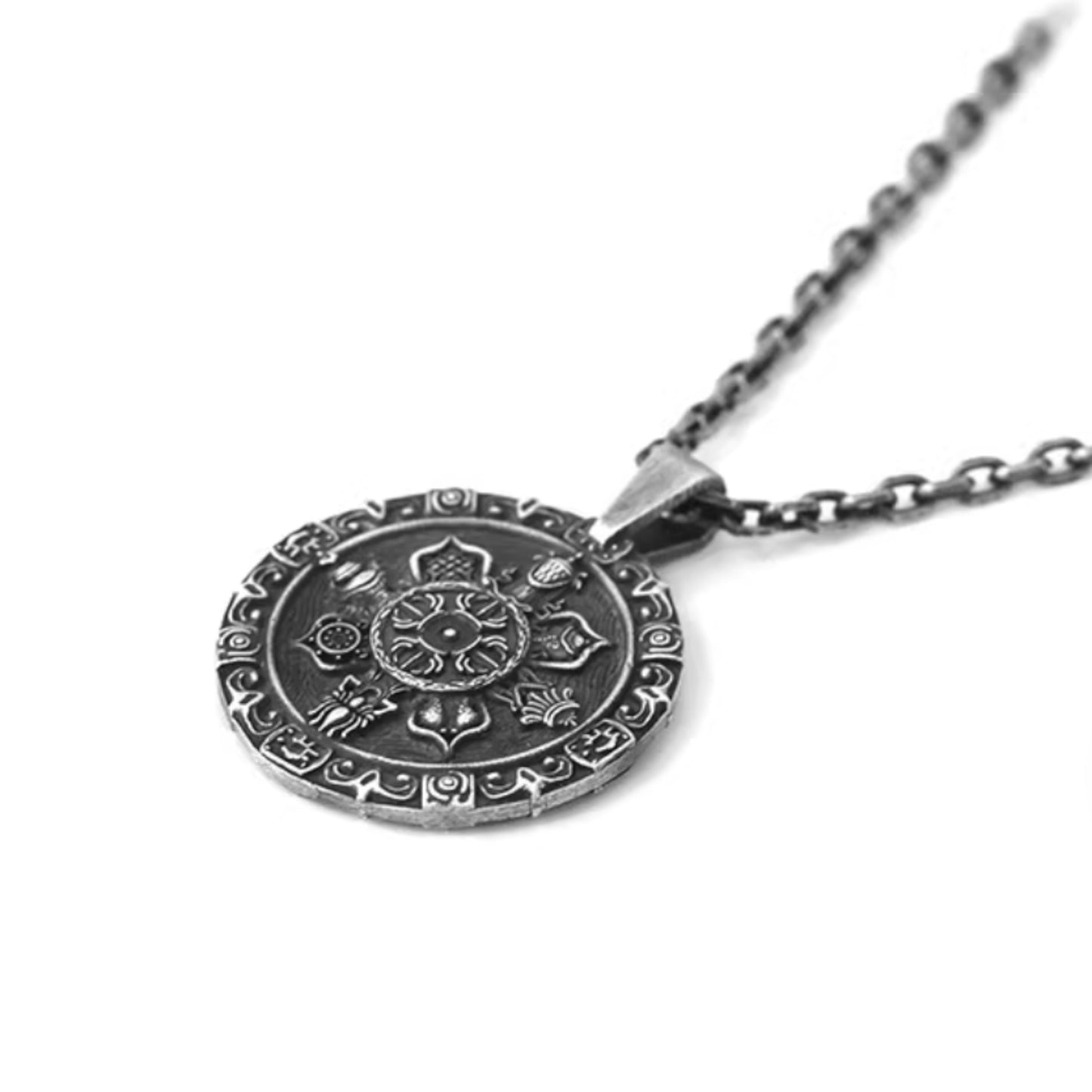 S999 Fine Silver Tibetan-style Eight Auspicious Symbols compass Pendant Necklace
