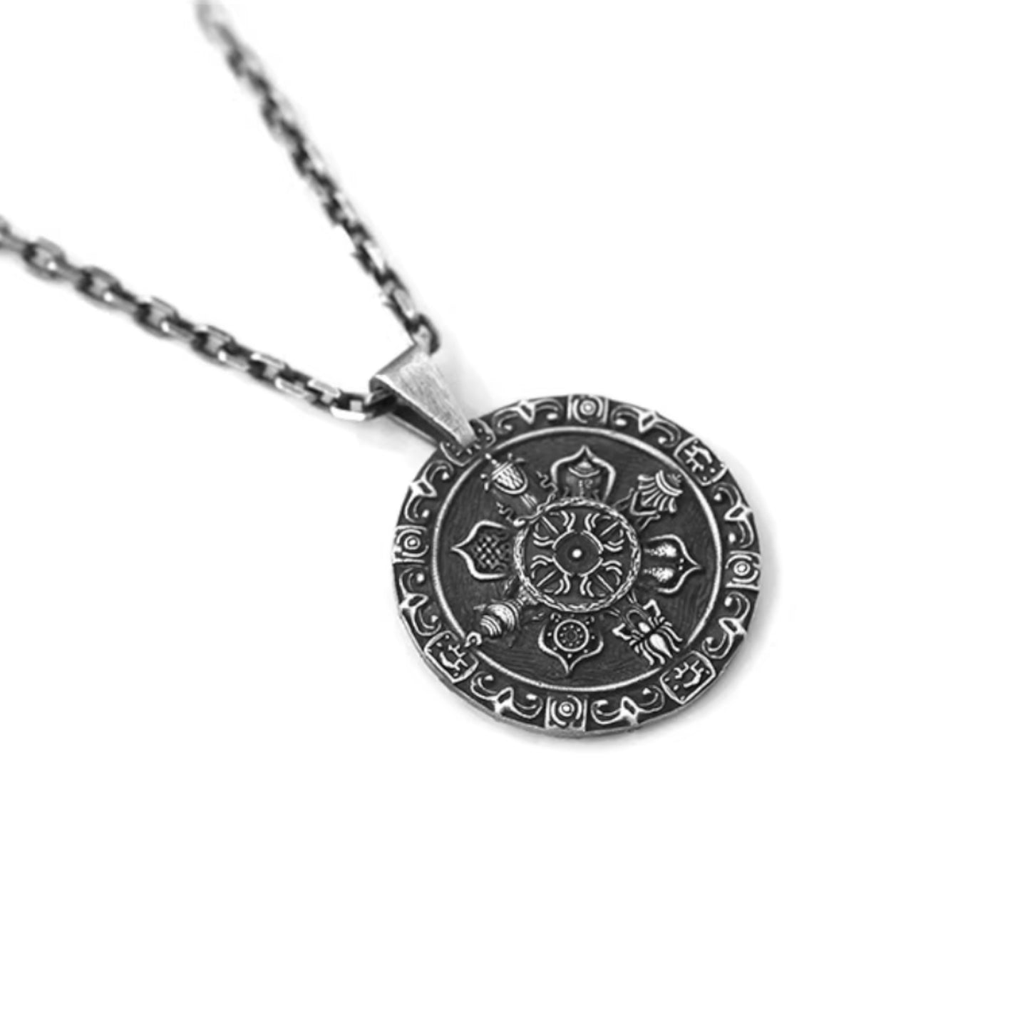 S999 Fine Silver Tibetan-style Eight Auspicious Symbols compass Pendant Necklace