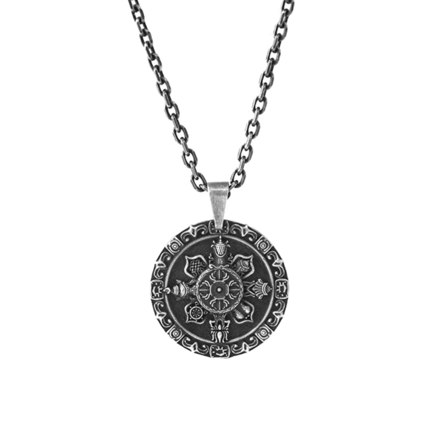 S999 Fine Silver Tibetan-style Eight Auspicious Symbols compass Pendant Necklace