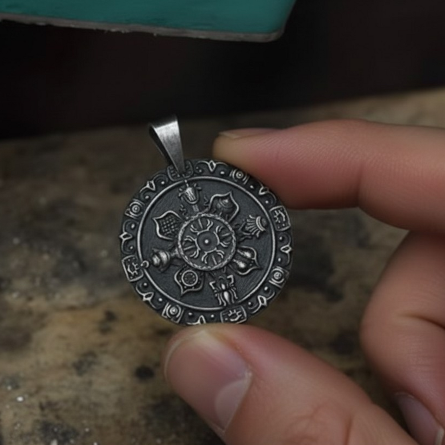 S999 Fine Silver Tibetan-style Eight Auspicious Symbols compass Pendant Necklace