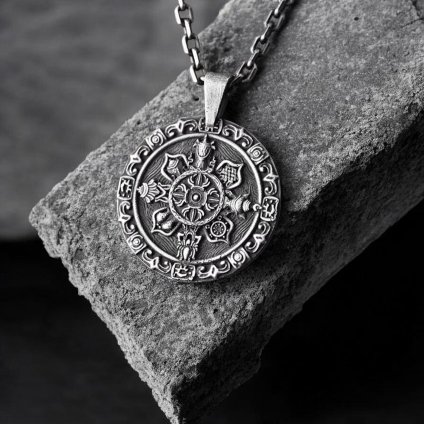 S999 Fine Silver Tibetan-style Eight Auspicious Symbols compass Pendant Necklace