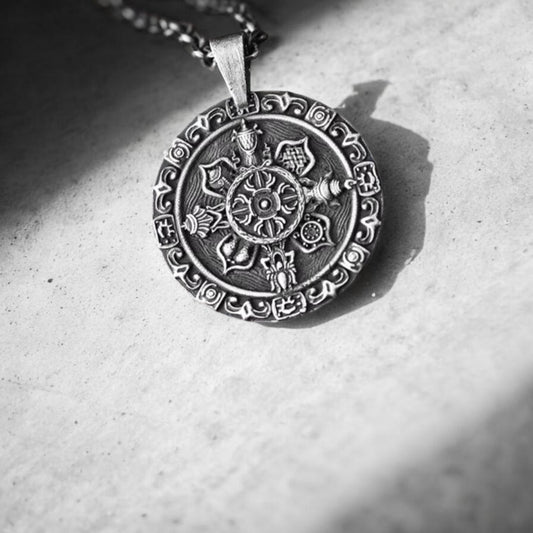 S999 Fine Silver Tibetan-style Eight Auspicious Symbols compass Pendant Necklace
