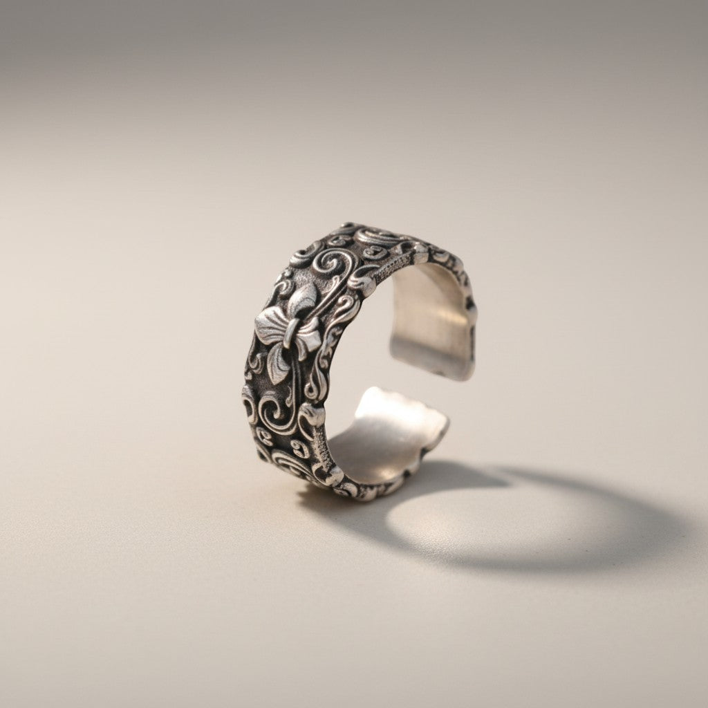 S999 Fine Silver Vintage Fleur de Lis Iris Ring