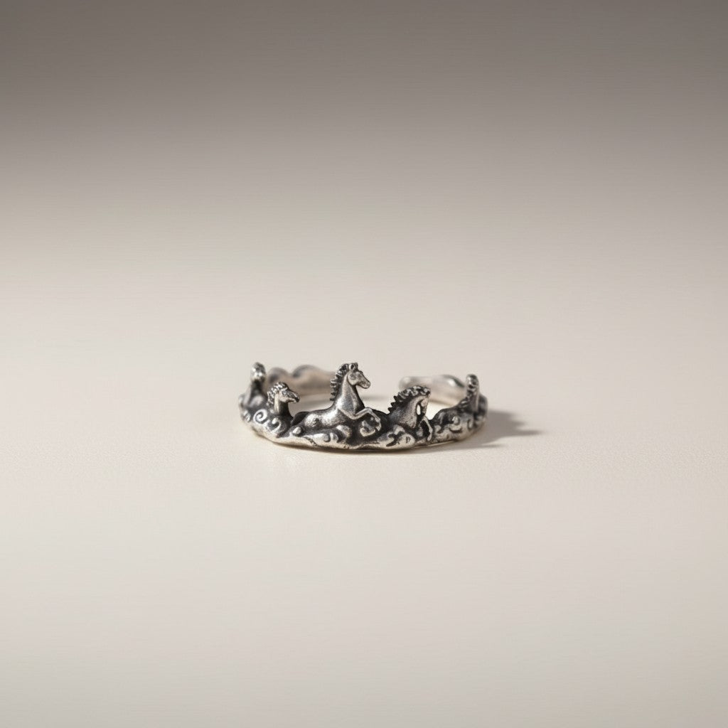 S999 Fine Silver Vintage Zodiac Year of Horse Instant Success Ring