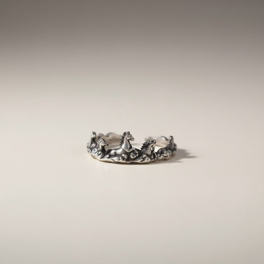 S999 Fine Silver Vintage Zodiac Year of Horse Instant Success Ring