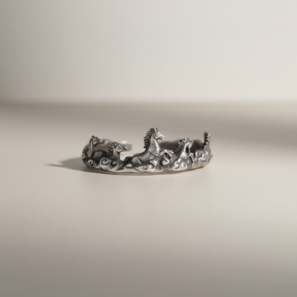 S999 Fine Silver Vintage Zodiac Year of Horse Instant Success Ring