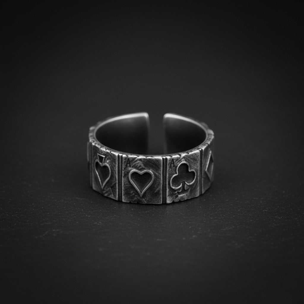 S999 Fine Silver Vintage Lucky Poker Band Ring Unisex Men Women