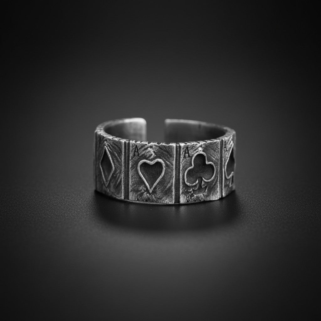 S999 Fine Silver Vintage Lucky Poker Band Ring Unisex Men Women