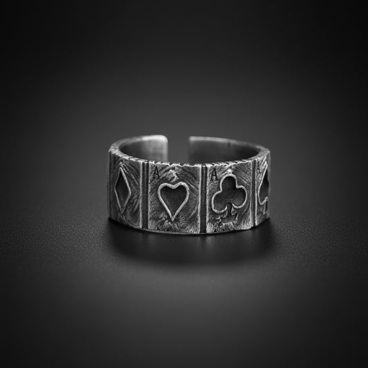 S999 Fine Silver Vintage Lucky Poker Band Ring Unisex Men Women