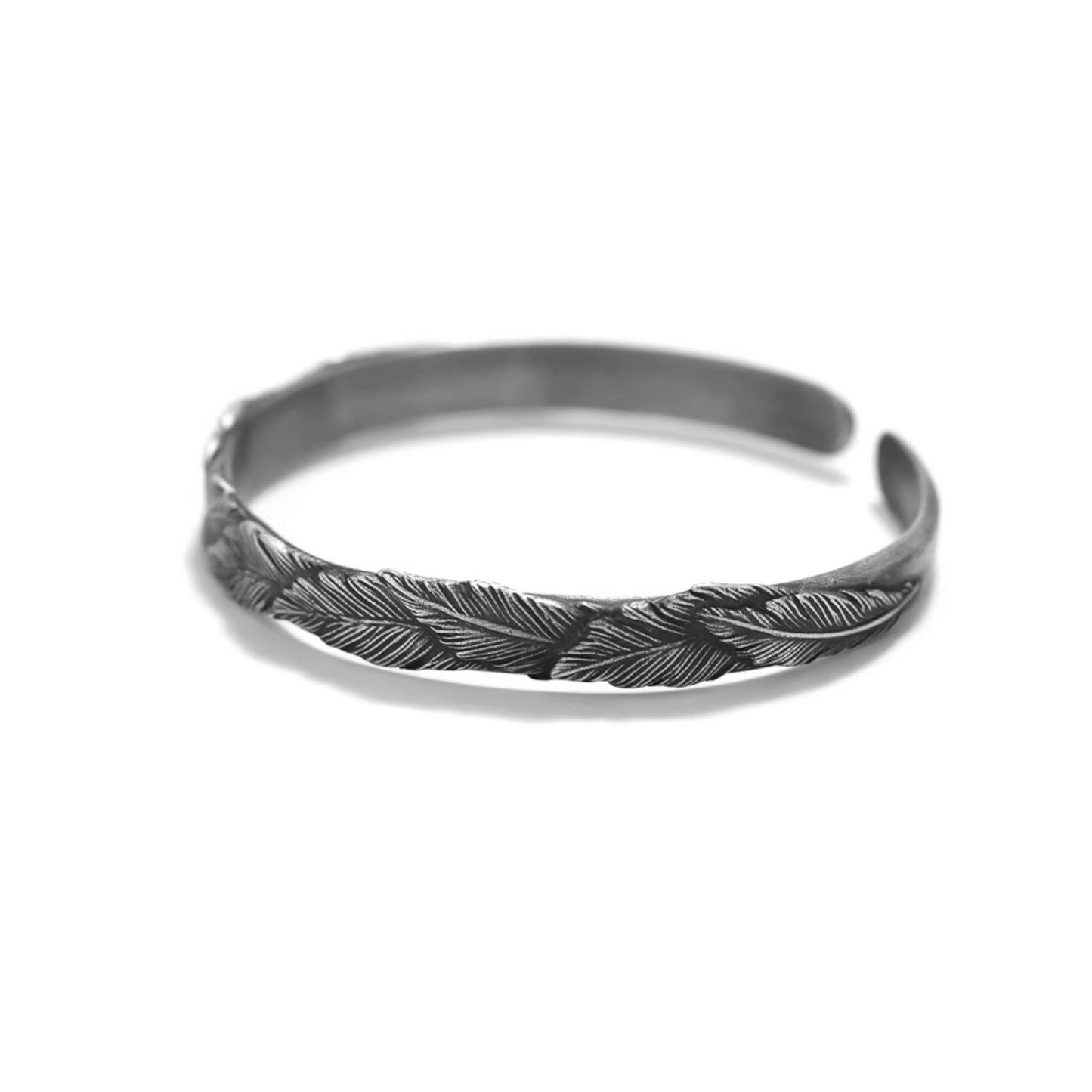 S999 Fine Silver Vintage Unisex Feather Bangle Minimalist Nature Inspired Design