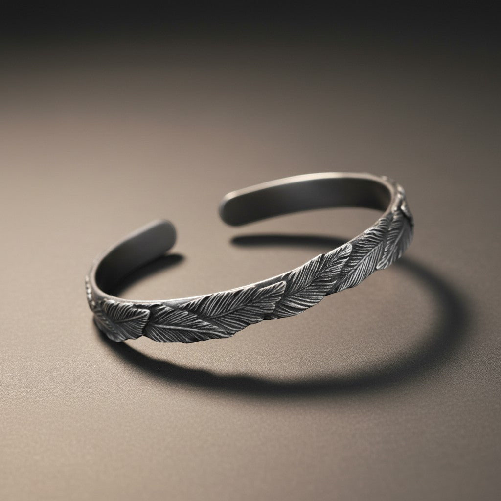 S999 Fine Silver Vintage Unisex Feather Bangle Minimalist Nature Inspired Design