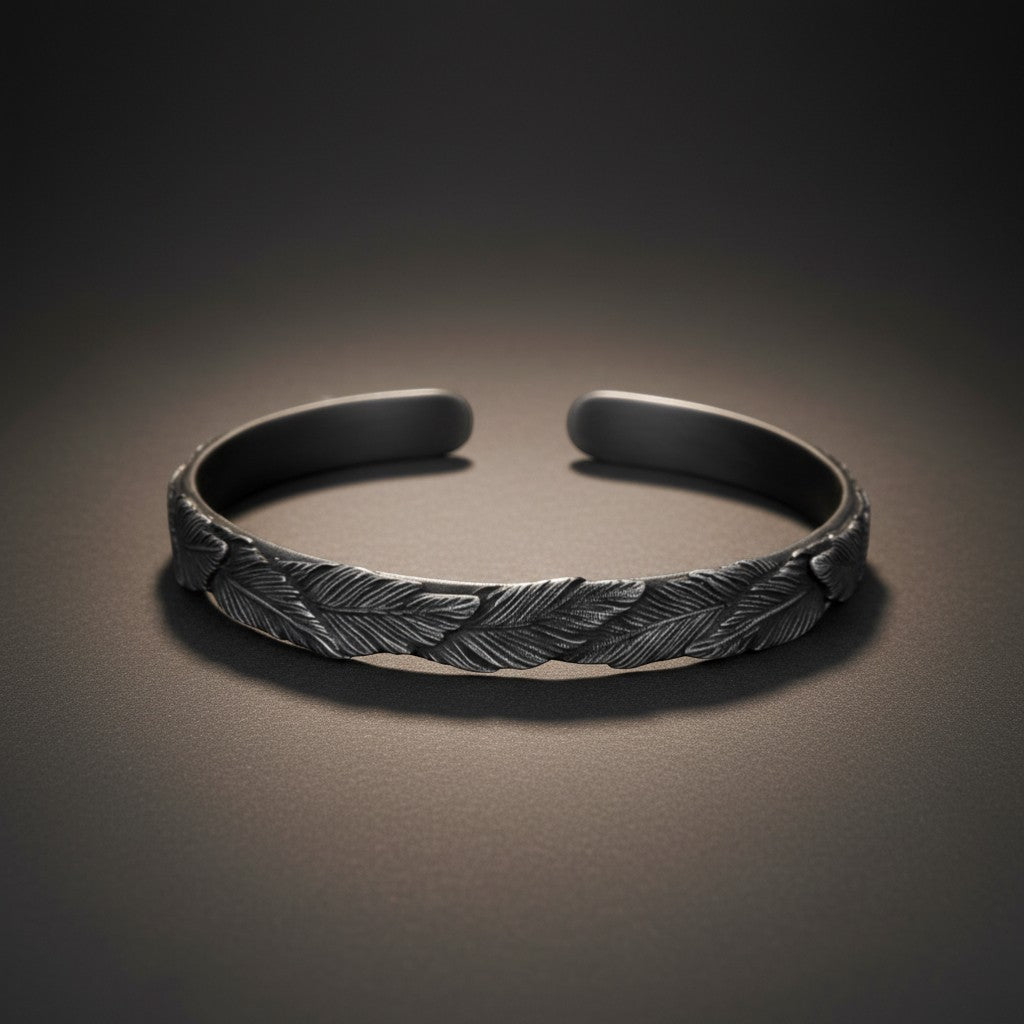 S999 Fine Silver Vintage Unisex Feather Bangle Minimalist Nature Inspired Design