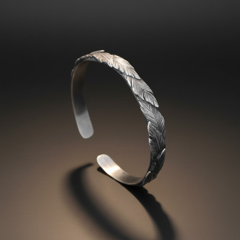 S999 Fine Silver Vintage Unisex Feather Bangle Minimalist Nature Inspired Design