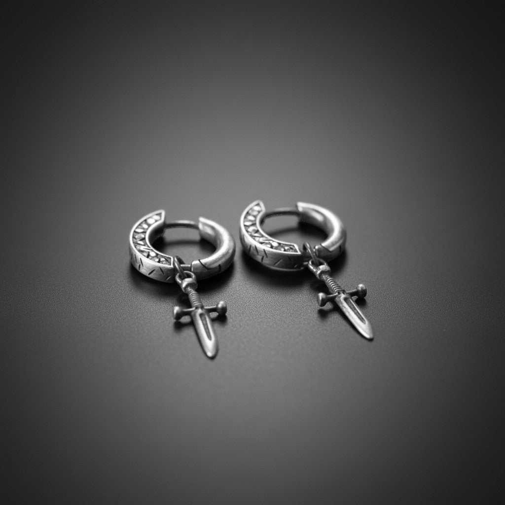 S925 Sterling Silver Vintage Broken Sword Hoop Unisex Earrings