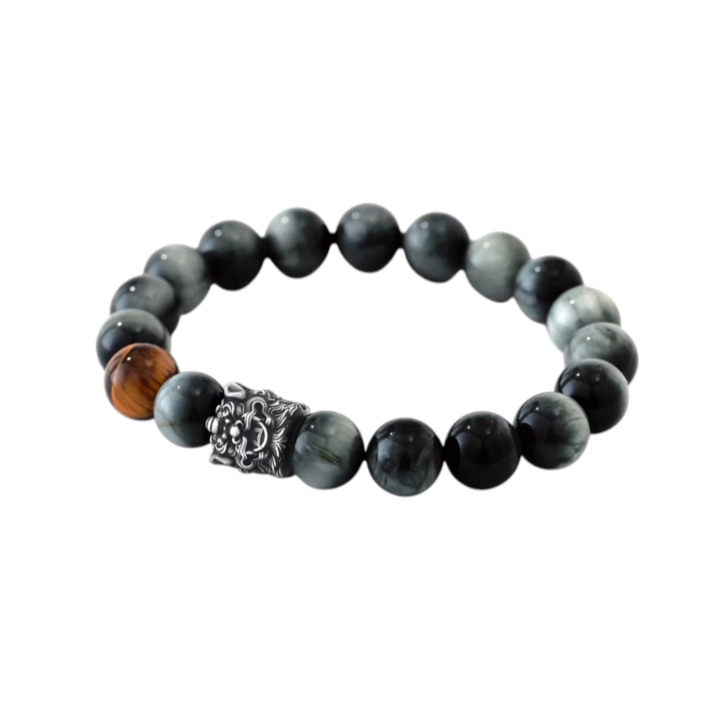 S999 Fine Silver Vintage Chinese Pixiu Tiger’s Eye Gemstone Beads Unisex Bracelet