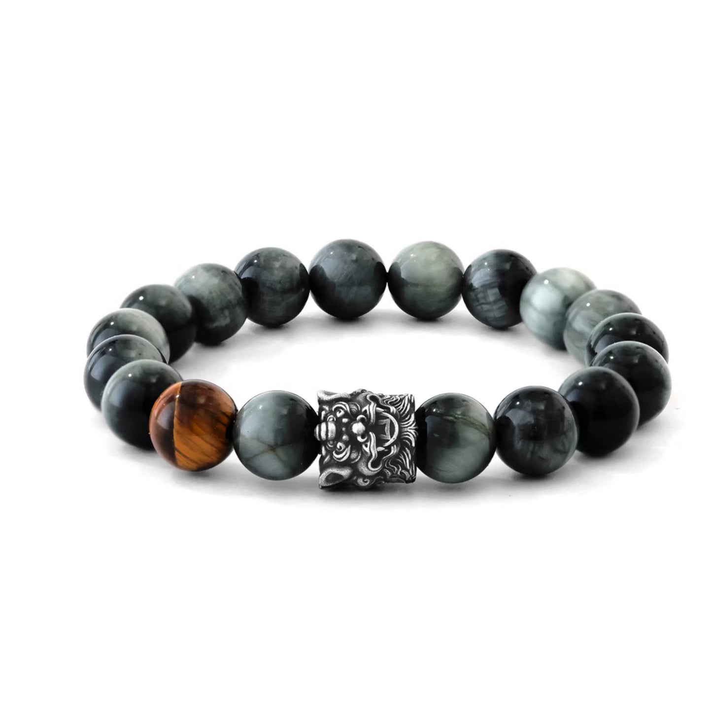 S999 Fine Silver Vintage Chinese Pixiu Tiger’s Eye Gemstone Beads Unisex Bracelet