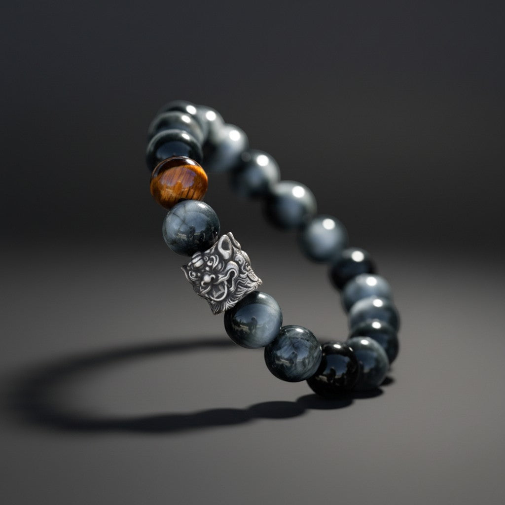 S999 Fine Silver Vintage Chinese Pixiu Tiger’s Eye Gemstone Beads Unisex Bracelet