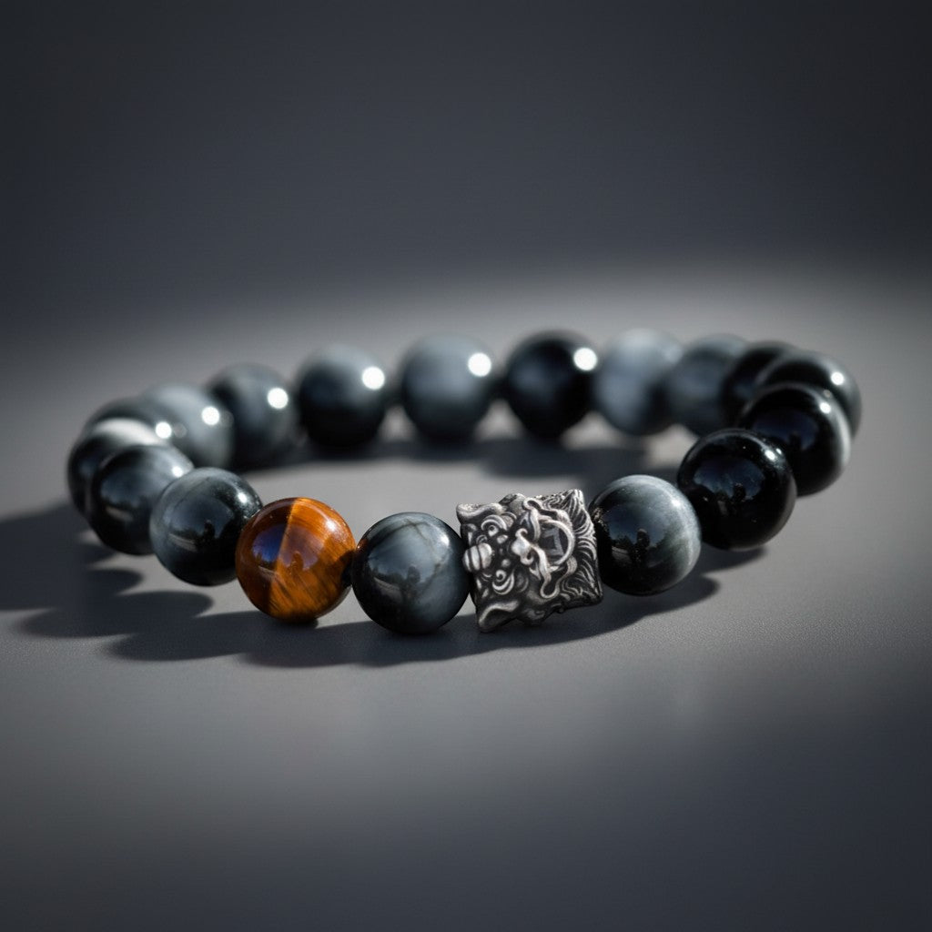 S999 Fine Silver Vintage Chinese Pixiu Tiger’s Eye Gemstone Beads Unisex Bracelet