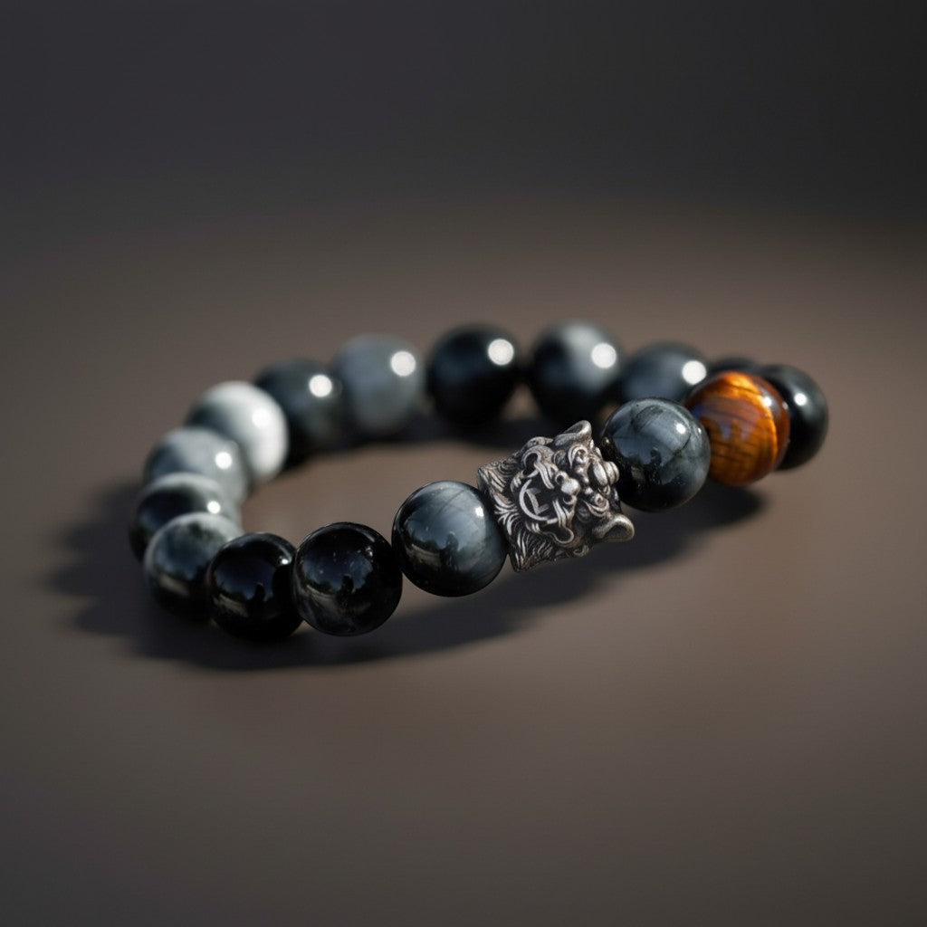 S999 Fine Silver Vintage Chinese Pixiu Tiger’s Eye Gemstone Beads Unisex Bracelet