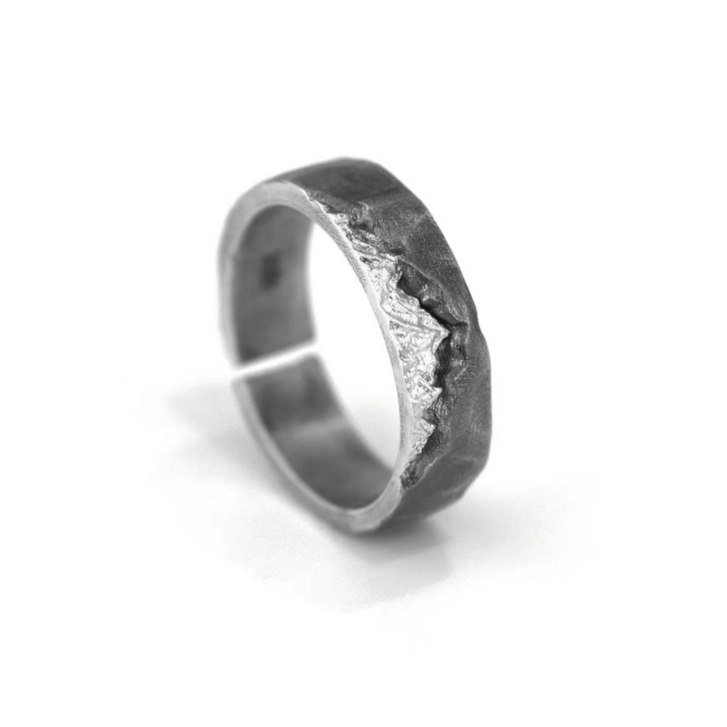 S999 Fine Silver Rustic Snow Mountain Landscape Minimalist Unisex Ring