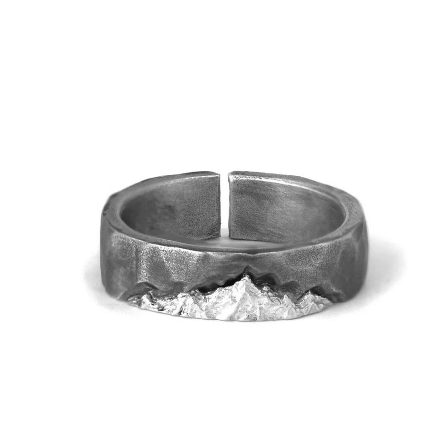 S999 Fine Silver Rustic Snow Mountain Landscape Minimalist Unisex Ring