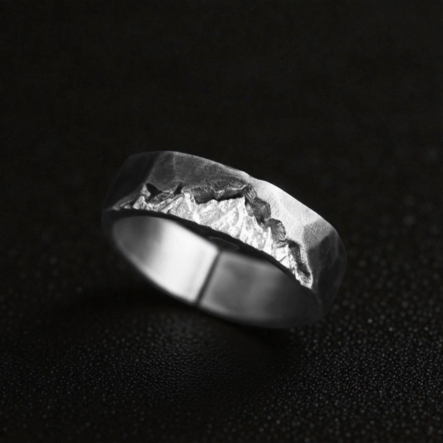 S999 Fine Silver Rustic Snow Mountain Landscape Minimalist Unisex Ring