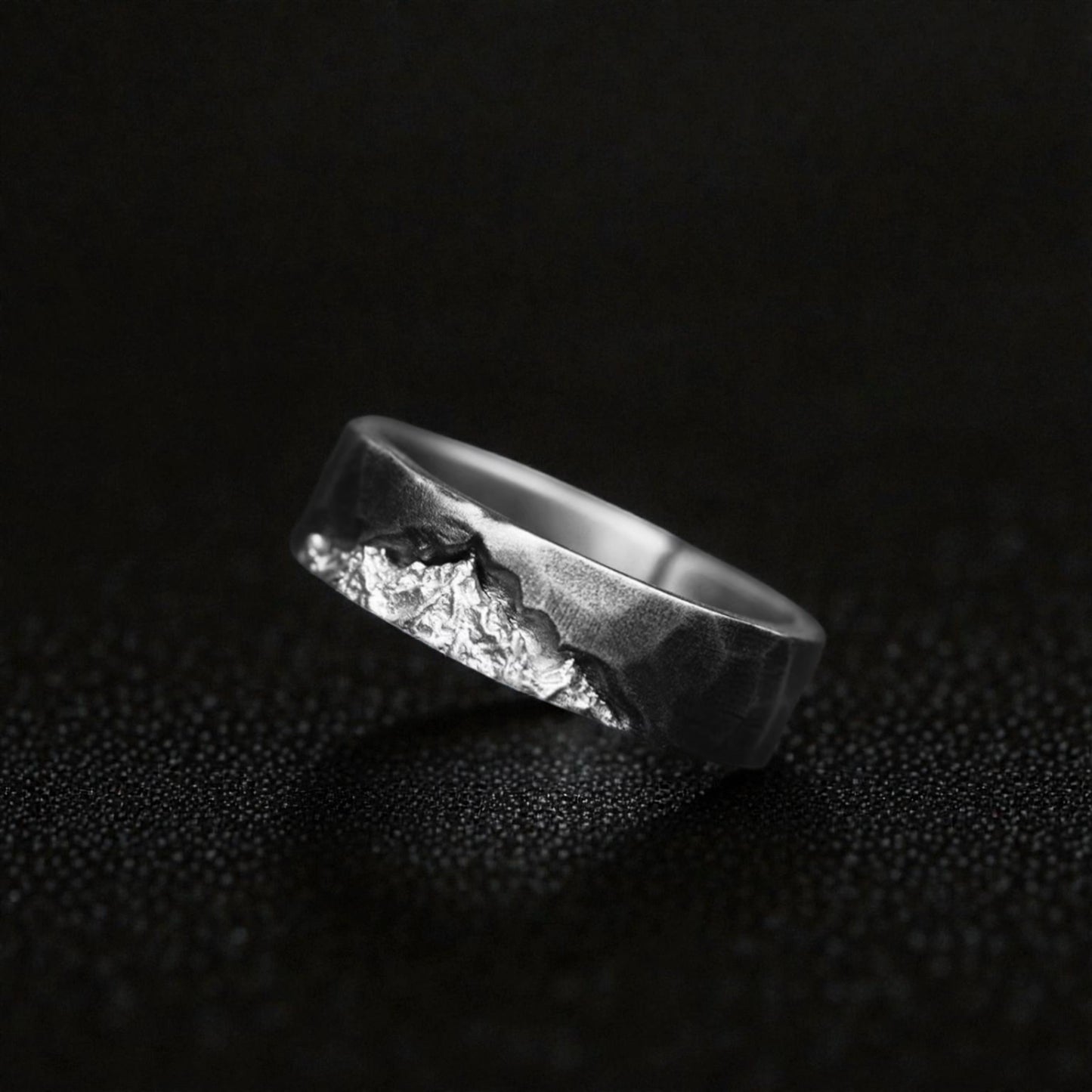 S999 Fine Silver Rustic Snow Mountain Landscape Minimalist Unisex Ring